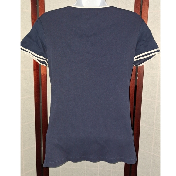 Lauren Ralph Lauren | Ribbed Flutter Sleeve Top - Navy Blue/White Trim - Picture 4 of 10